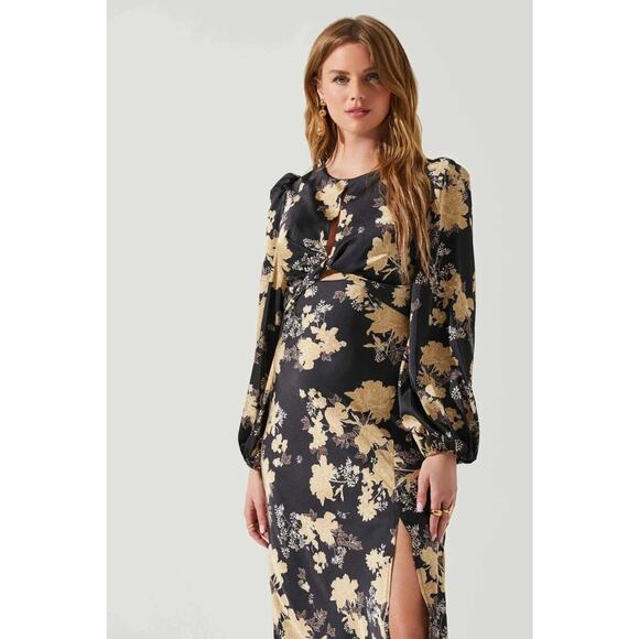 ASTR The Label Women's Suzy Satin Cutout Maxi Long Sleeve Dress in Navy Taupe - Picture 7 of 7